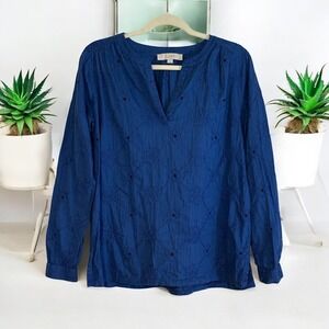 LOFT Blue Eyelet SMALL Embroidered Long Sleeve Blouse Top Shirt Womens‎